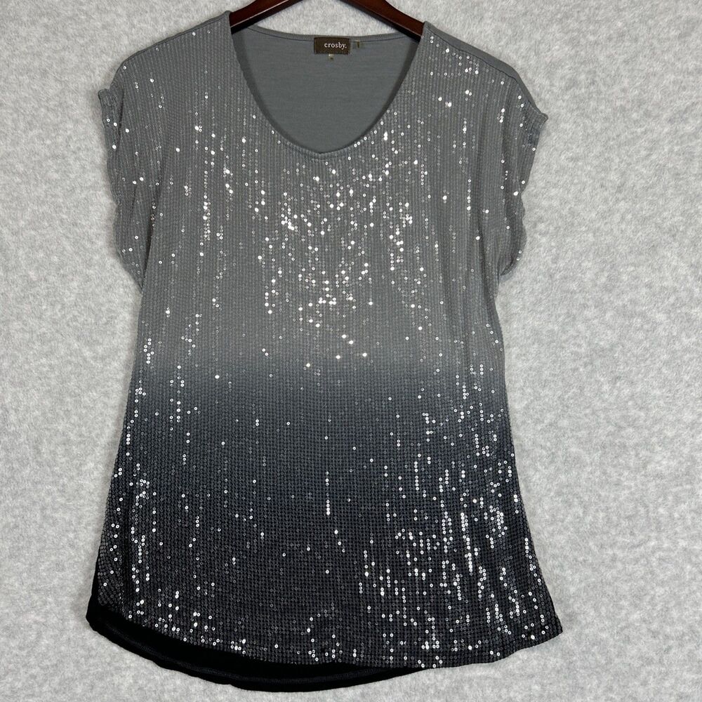 Crosby Ladies Cap Sleeve Sequin Top Hombre’ Gray Size XL